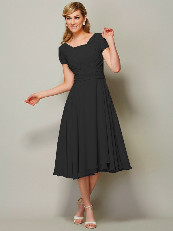 Wholesale Sheath Chiffon Bateau Short Sleeves Tea-Length With Ruffles Bridesmaid Dresses