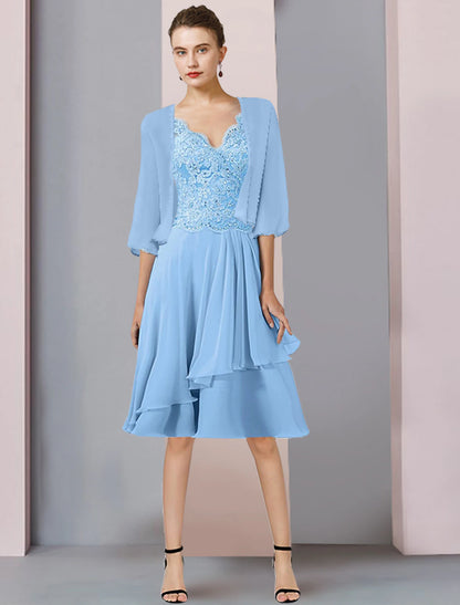 Wholesale Two Piece A-Line Mother of the Bride Dress Formal Wedding Guest Elegant V Neck Knee Length Chiffon Lace 3/4 Length Sleeve Wrap Included with Beading Sequin Appliques