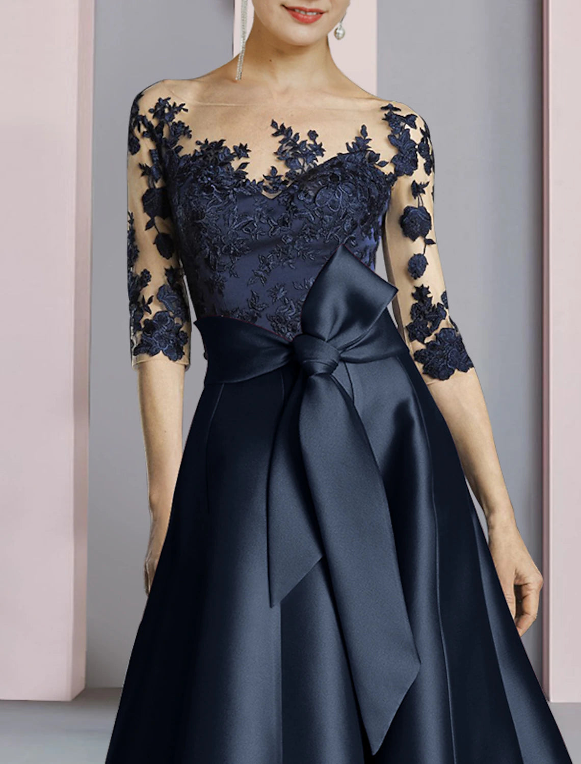 Wholesale Sheath / Column Mother of the Bride Dress Fall Wedding Guest Party Elegant Scoop Neck Ankle Length Satin Lace Half Sleeve with Bow(s) Pleats