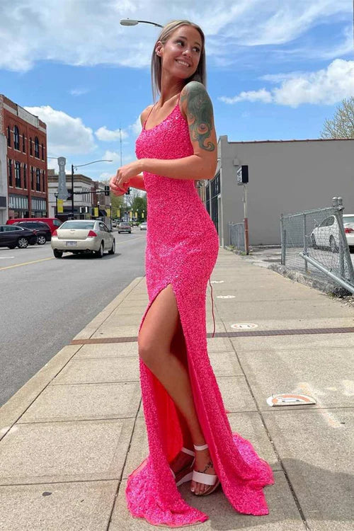 Wholesale Fashion Prom Dresses Glitter Straps Hot Pink Sequins Prom Gown with Slit