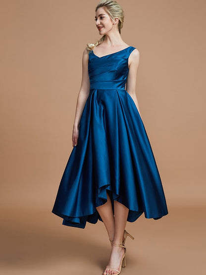 Wholesale A-Line V-neck Satin Asymmetrical Sleeveless Bridesmaid Dresses