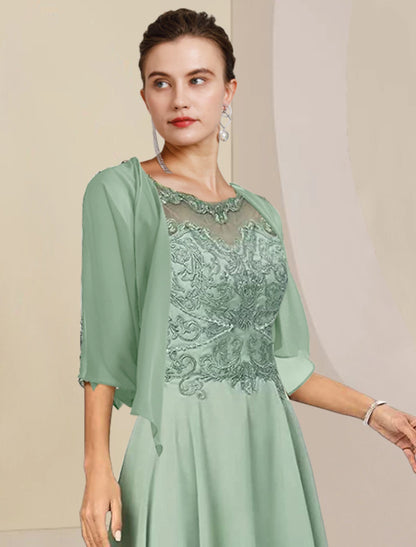 Wholesale Two Piece A-Line Mother of the Bride Dress Formal Wedding Guest Elegant High Low Scoop Neck Asymmetrical Tea Length Chiffon Lace Half Sleeve Wrap Included with Beading Appliques