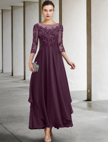 Wholesale A-Line Mother of the Bride Dress Fall Wedding Guest Plus Size Elegant Jewel Neck Ankle Length Chiffon Lace 3/4 Length Sleeve with Ruched Sequin Appliques