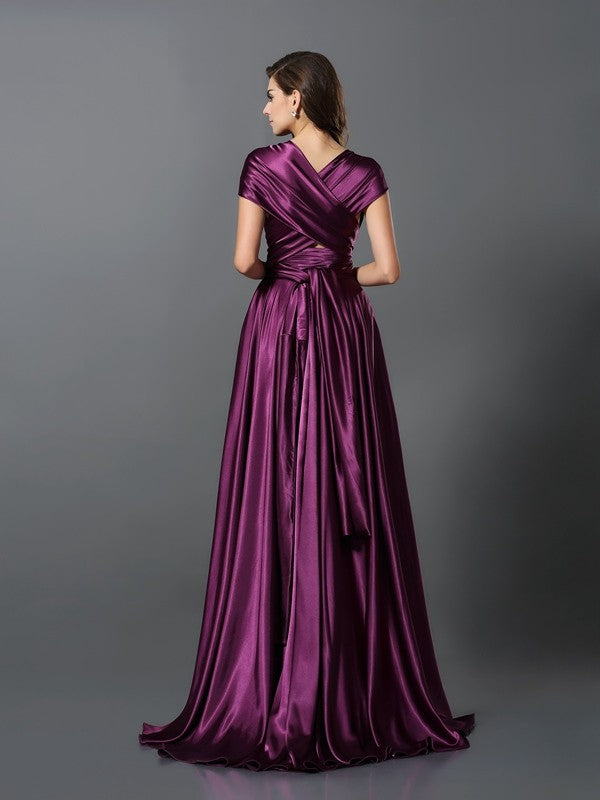 Wholesale A-Line Silk like Satin V-neck Sleeveless Sweep/Brush Train With Pleats Convertible Bridesmaid Dresses