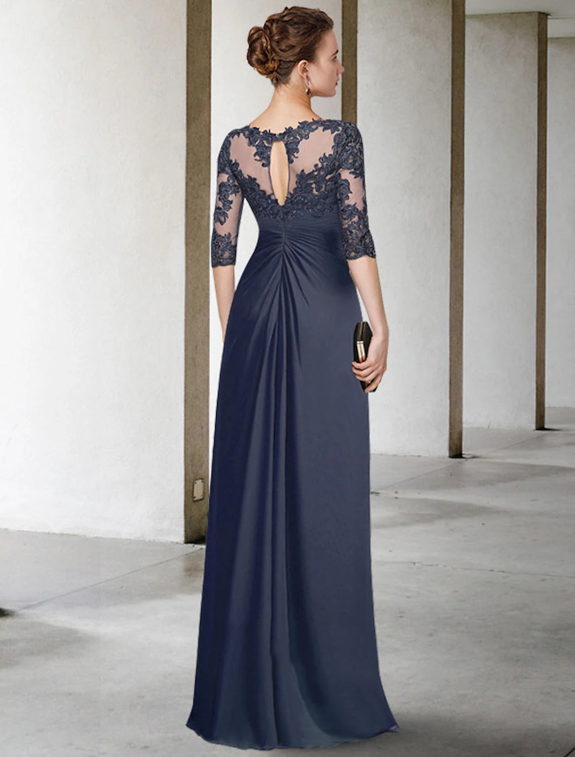 Wholesale Sheath / Column Mother of the Bride Dress Plus Size Elegant Jewel Neck V Neck Floor Length Chiffon Lace Half Sleeve with Ruched Appliques