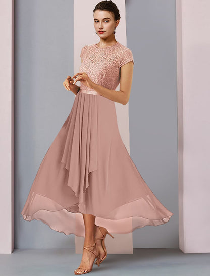 Wholesale A-Line Mother of the Bride Dress Formal Wedding Guest Elegant High Low Scoop Neck Asymmetrical Tea Length Chiffon Lace Short Sleeve with Pleats