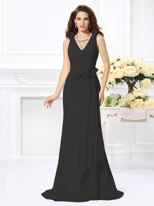 Wholesale Mermaid Chiffon V-neck Sleeveless Sweep/Brush Train With Hand-Made Flower Bridesmaid Dresses