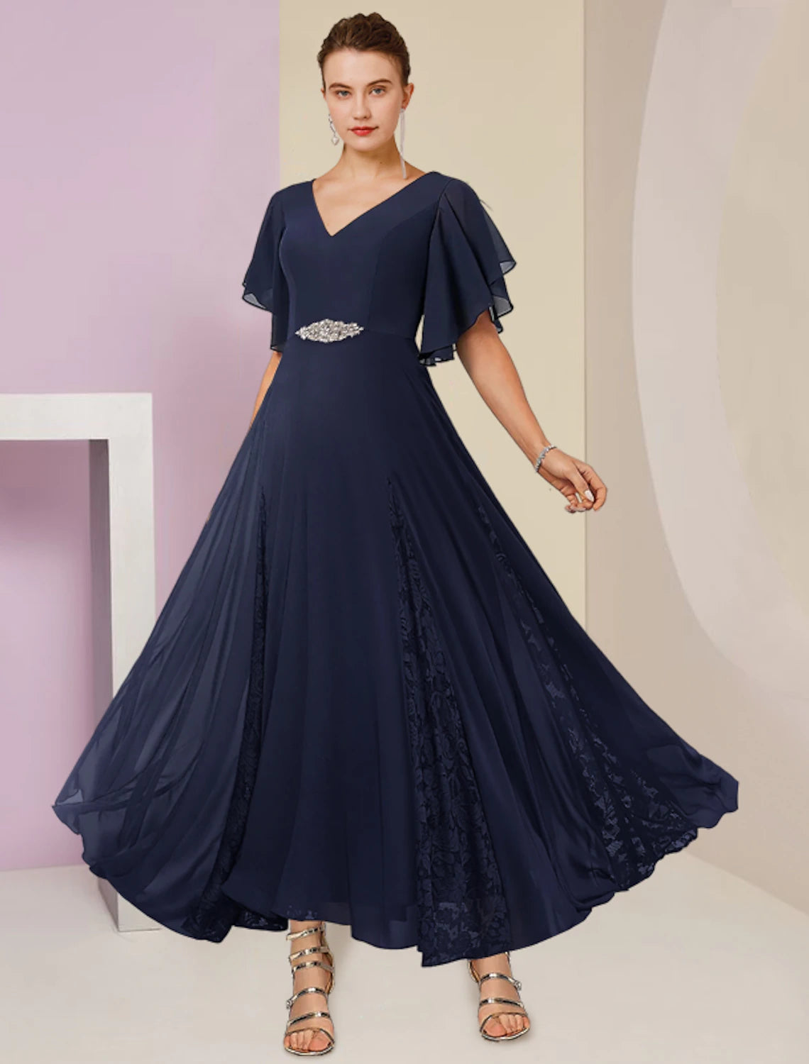 Wholesale A-Line Mother of the Bride Dress Formal Wedding Guest Elegant V Neck Ankle Length Chiffon Lace Short Sleeve with Pleats Crystal Brooch