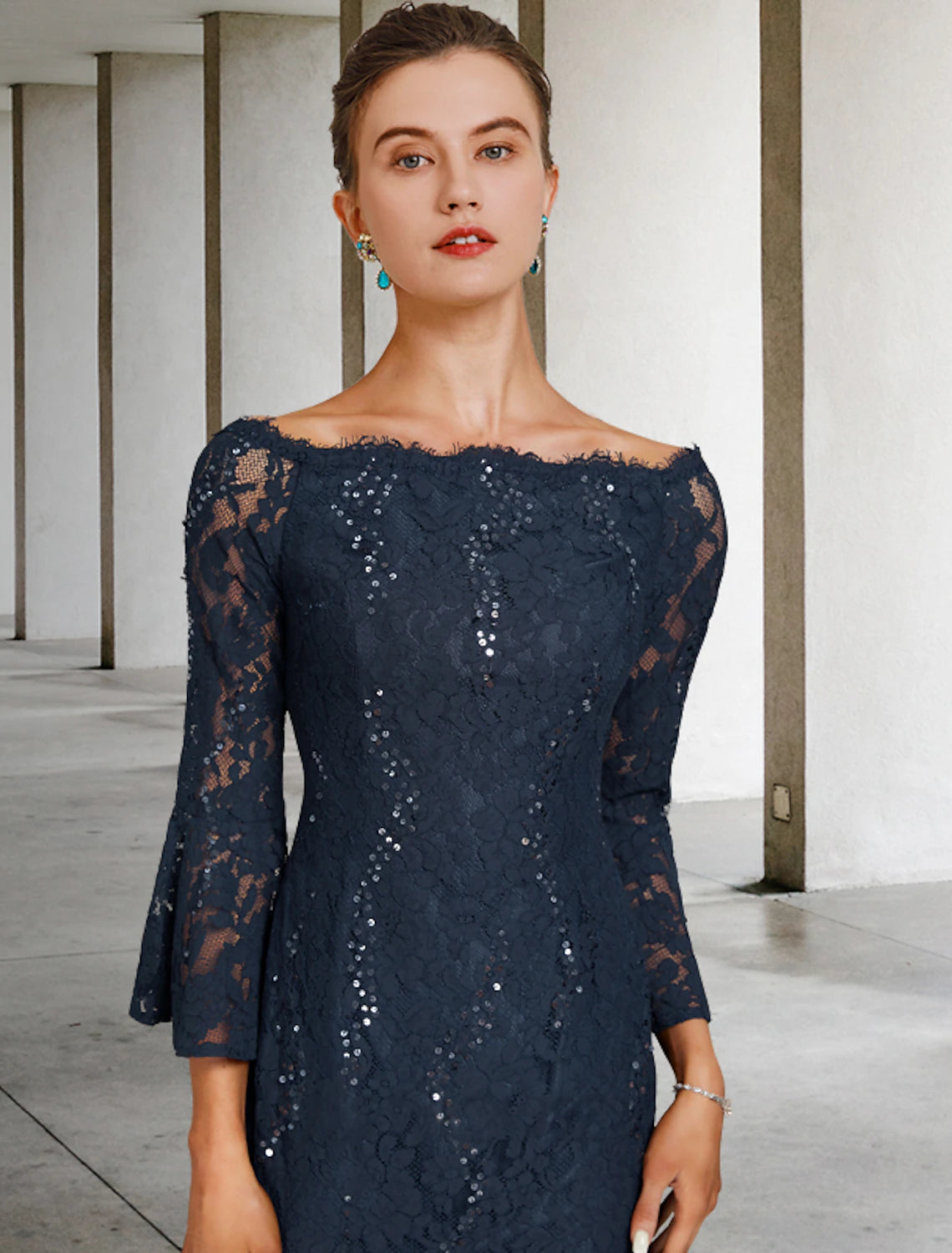 Wholesale Sheath / Column Mother of the Bride Dress Wedding Guest Vintage Elegant Jewel Neck Tea Length Lace 3/4 Length Sleeve with Sequin Fall