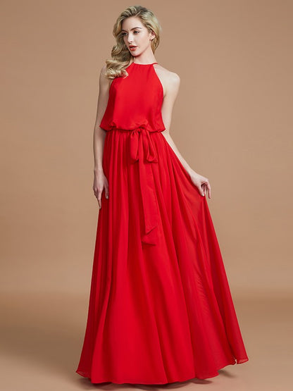 Wholesale A-Line Halter Sleeveless With Sash/Ribbon/Belt Floor-Length Chiffon Bridesmaid Dresses