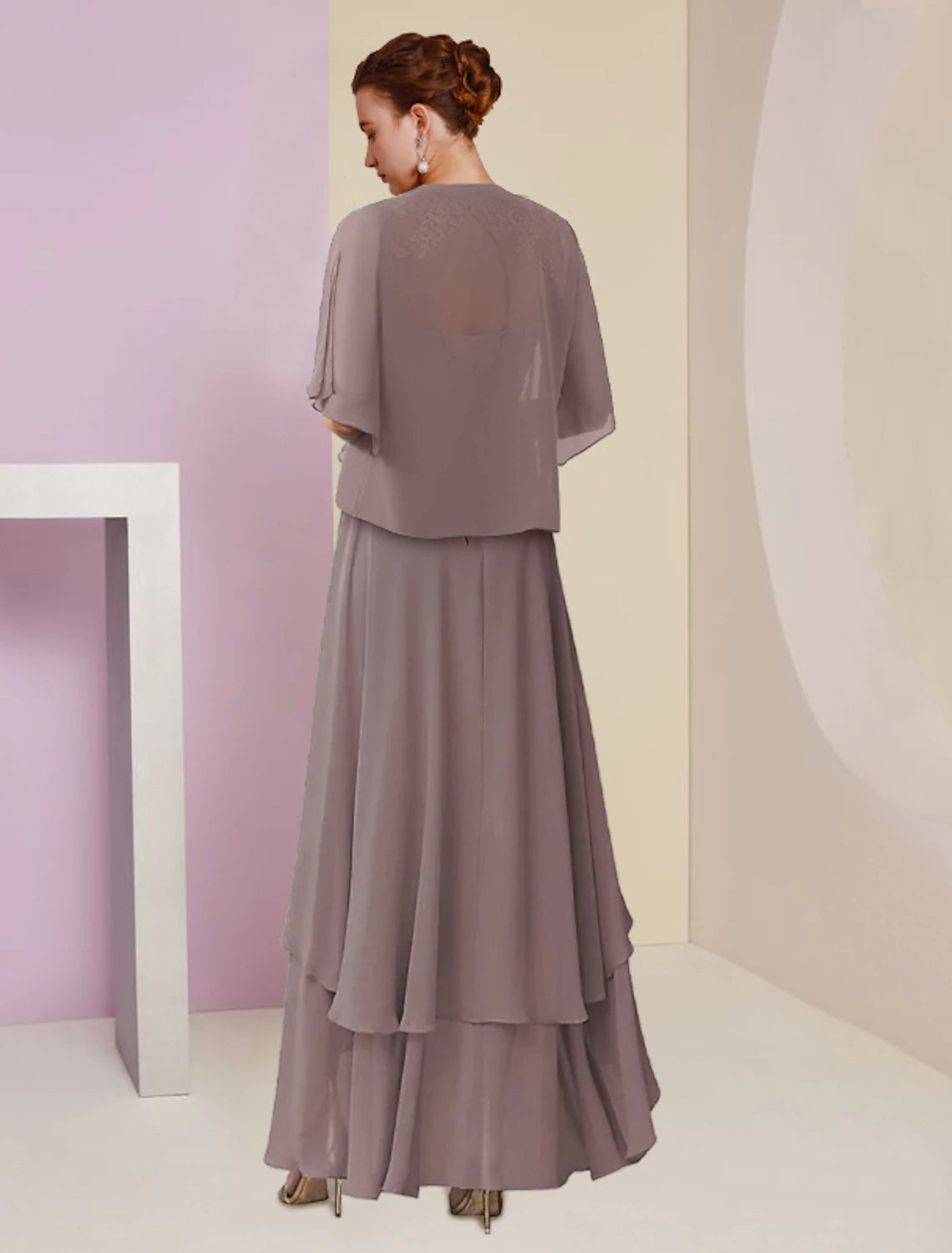 Wholesale Two Piece A-Line Mother of the Bride Dress Formal Wedding Guest Elegant Square Neck Asymmetrical Tea Length Chiffon Lace 3/4 Length Sleeve Wrap Included with Ruched Tier Appliques