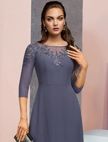 Wholesale A-Line Mother of the Bride Dress Formal Elegant Jewel Neck Floor Length Chiffon Lace 3/4 Length Sleeve with Sequin Appliques