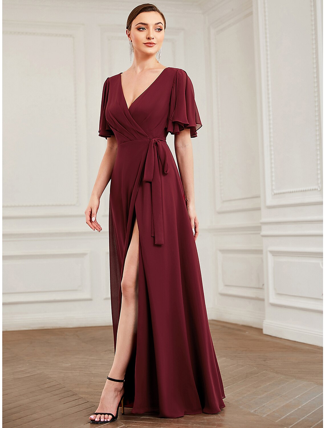 Wholesale A-Line Bridesmaid Dress V Neck Short Sleeve Elegant Floor Length Chiffon with Ruffles / Draping / Bandage