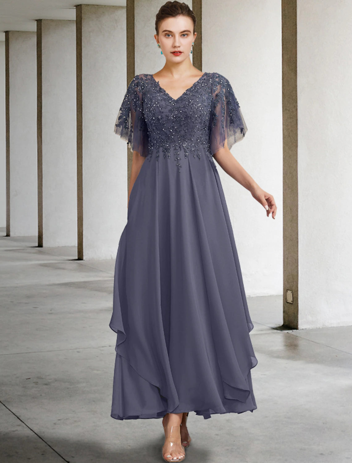 Wholesale A-Line Plus Size Curve Mother of the Bride Dress Elegant Jewel Neck Ankle Length Chiffon Lace Short Sleeve with Beading Sequin Appliques