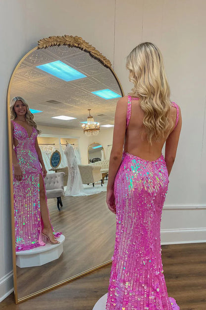 Wholesa Pink Sequins V Neck Mermaid Backless Long Prom Dress