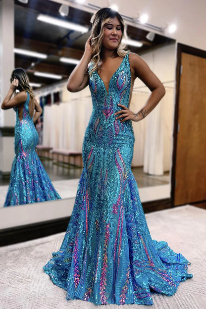 Wholesa Mermaid V Neck Blue Sequin Lace Long Prom Dresses