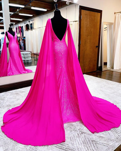 Wholesa Hot Pink Mermaid Sparkly Sequins Prom Dresses