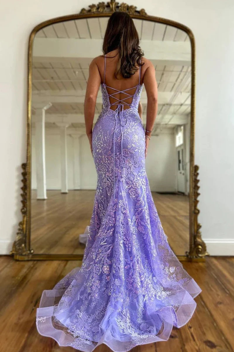 Wholesa Mermaid Scoop Neck Lilac Sequin Lace Long Prom Dresses