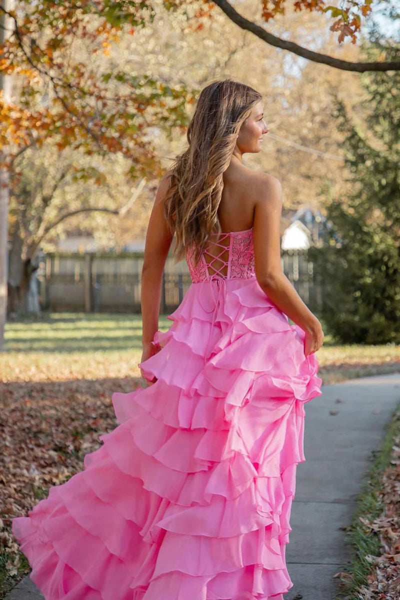 Wholesa Pink Sweetheart Tiered A-Line Long Prom Dress with Appliques