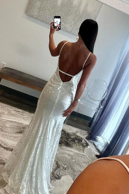 Wholesa White V Neck Sequin Mermaid Long Prom Dresses with Appliques