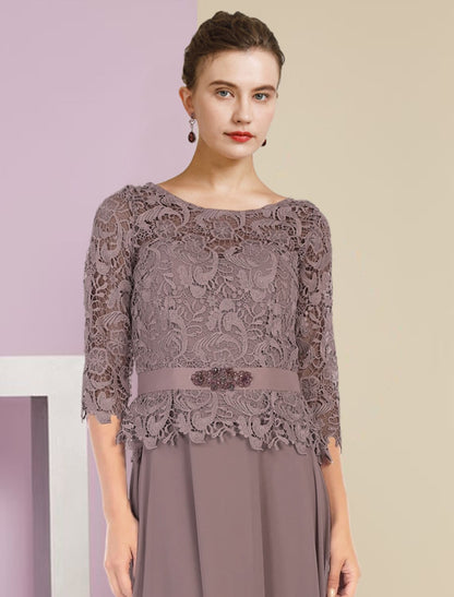 Wholesale Two Piece A-Line Mother of the Bride Dress Formal Wedding Guest Elegant Scoop Neck Floor Length Chiffon Lace 3/4 Length Sleeve Wrap Included with Appliques Crystal Brooch