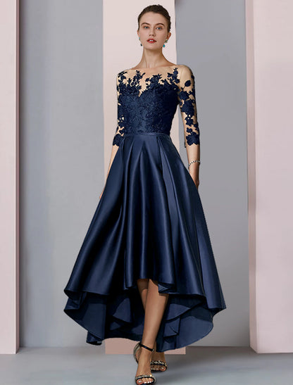 Wholesale A-Line Mother of the Bride Dress Fall Wedding Guest Elegant High Low Scoop Neck Asymmetrical Tea Length Satin Lace 3/4 Length Sleeve with Pleats Appliques