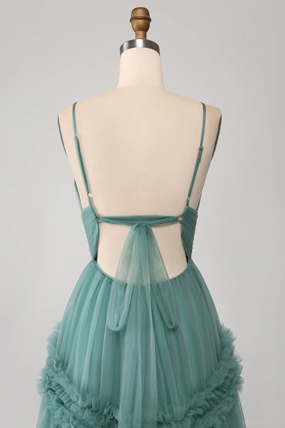 Wholesale Green A Line Spaghetti Straps Tulle Long Prom Dress with Ruffles