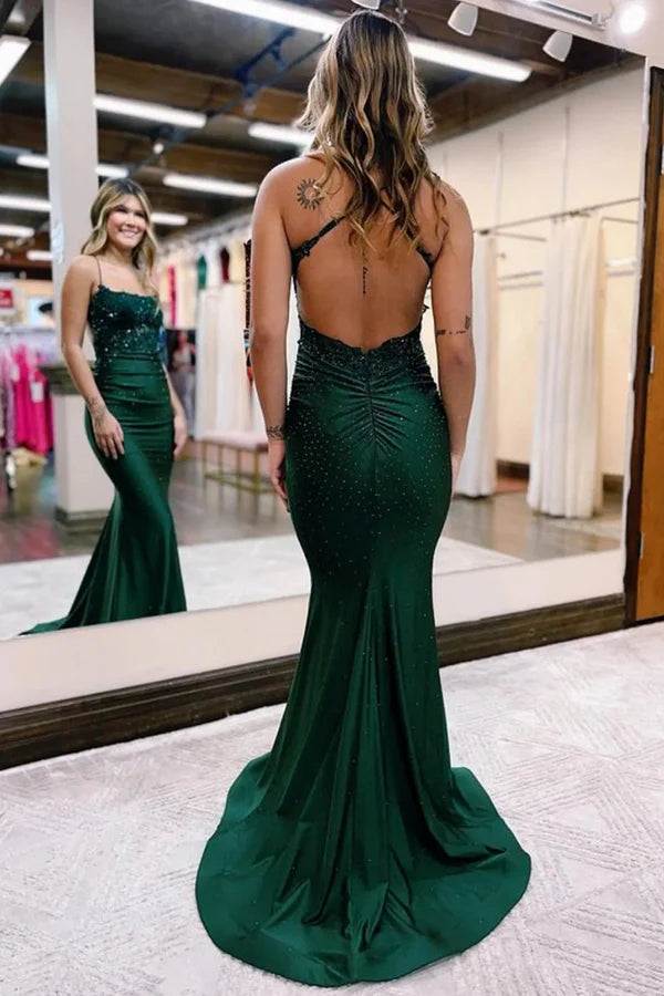 Wholesale Mermaid Evening Dress Spaghetti Straps Dark Green Long Prom Dress with Appliques