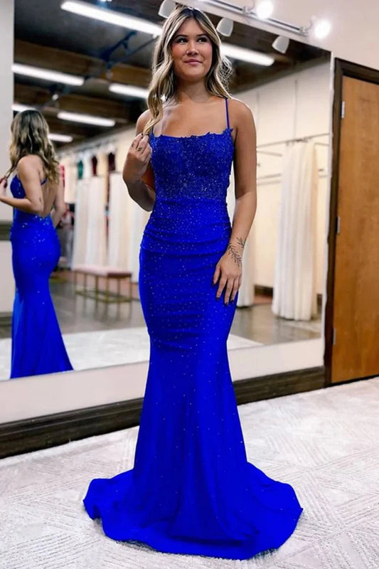 Wholesale Mermaid Evening Dress Spaghetti Straps Dark Green Long Prom Dress with Appliques