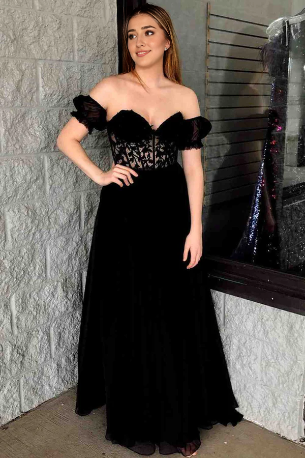 Wholesale Elegant Off-Shoulder A-line Evening Dress Chiffon Applique Lace-Up Long Prom Dress