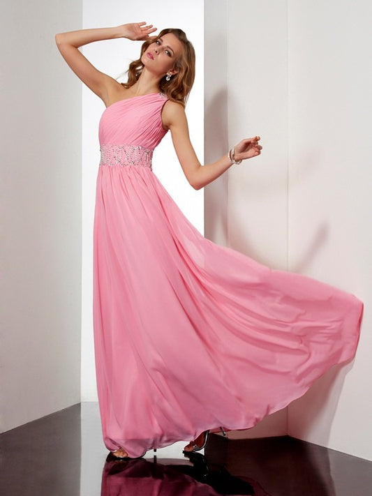 Wholesa A-Line/Princess One-Shoulder Sleeveless Beading Long Chiffon Dresses