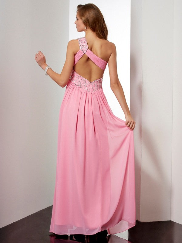 Wholesa A-Line/Princess One-Shoulder Sleeveless Beading Long Chiffon Dresses