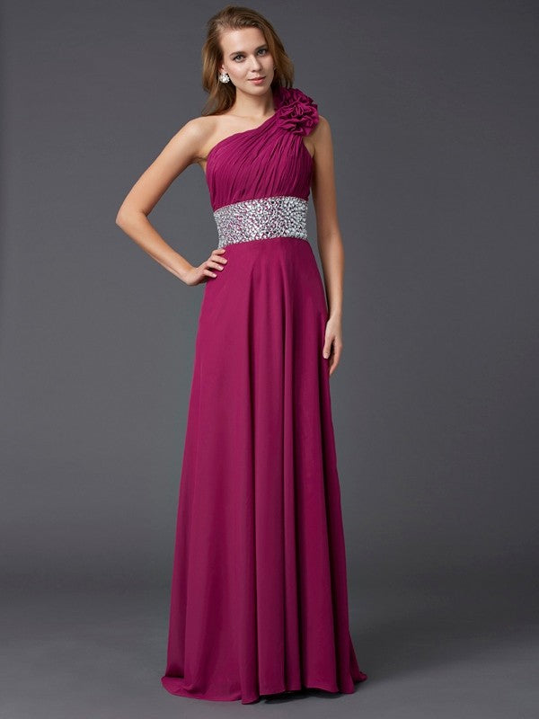 Wholesa A-Line/Princess One-Shoulder Sleeveless Beading Long Chiffon Dresses