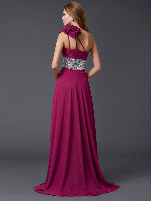 Wholesa A-Line/Princess One-Shoulder Sleeveless Beading Long Chiffon Dresses