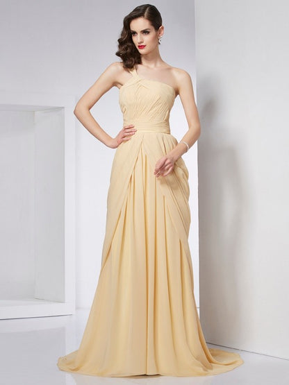 Wholesa A-Line/Princess One-Shoulder Sleeveless Pleats Long Chiffon Dresses