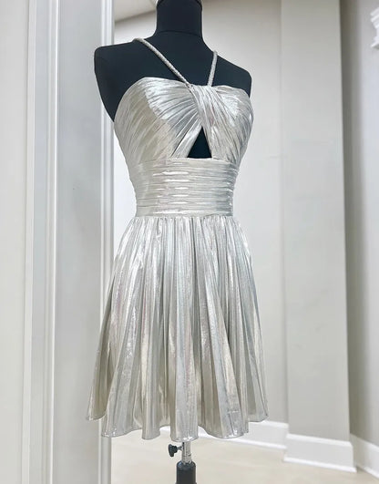 Wholesale A-Line Homecoming Dress Metallic Pleated Spaghetti Straps