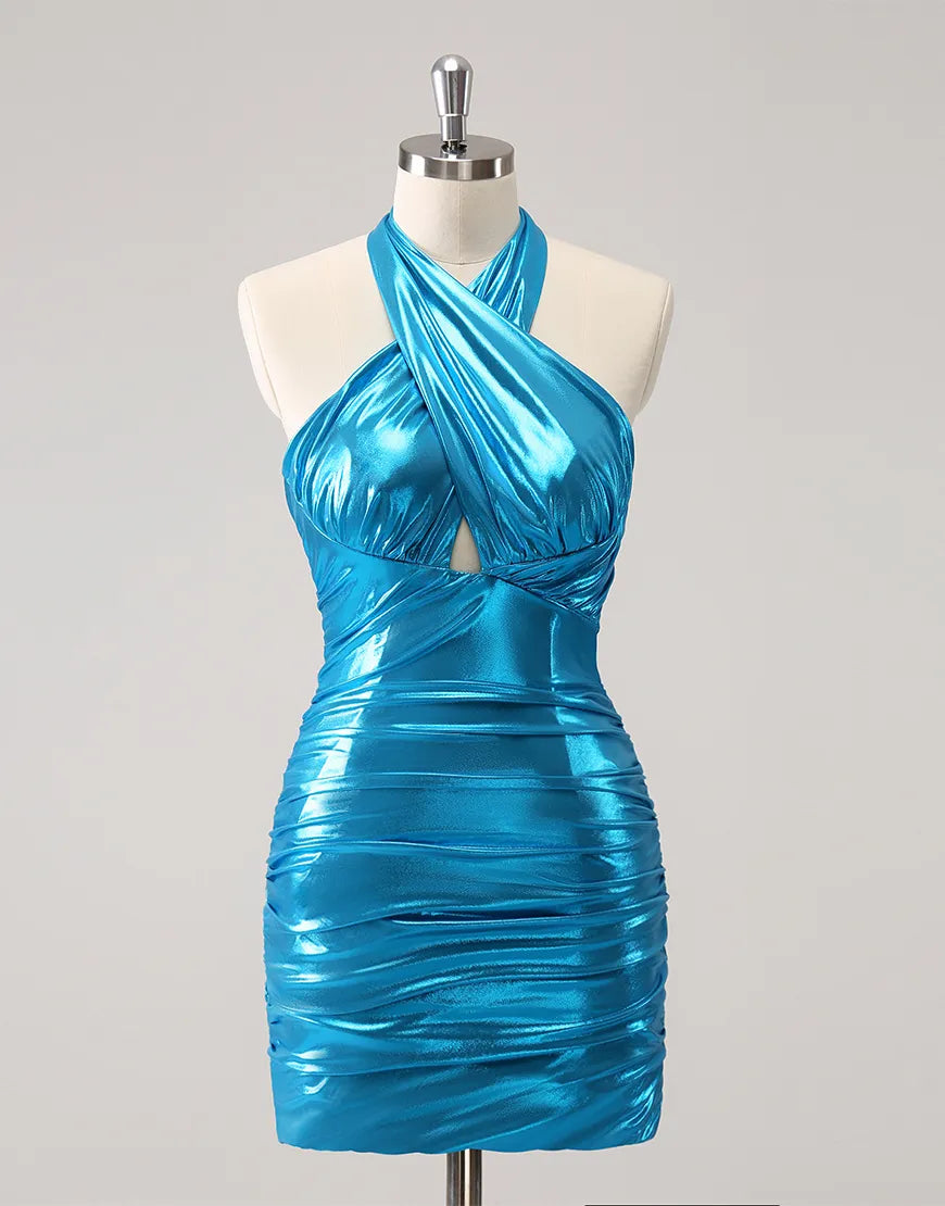 Wholesale Homecoming Dress Metallic Satin Halter Pleats Tight