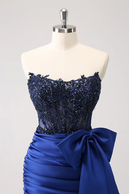 Wholesale Navy Homecoming Dress Tight Strapless Corset Pleated Short Beaded with Bow