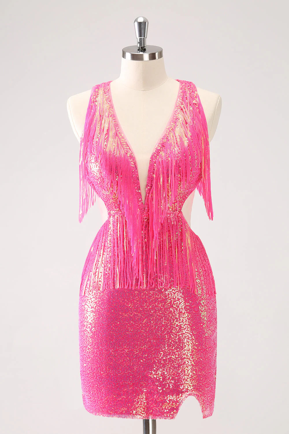 Wholesale Homecoming Dress Fuchsia Sparkly V-Neck Tight with Tassel