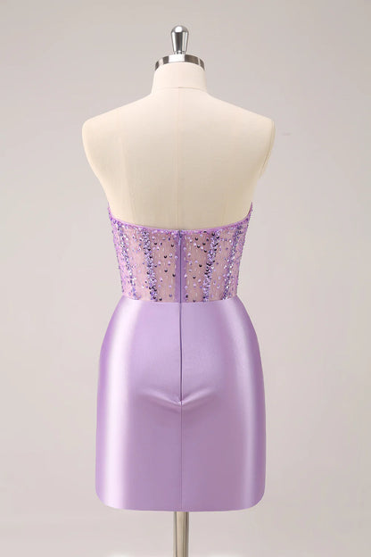 Wholesale Lilac Homecoming Dress Bodycon Strapless Sequins Ruched with Beading Sparkly