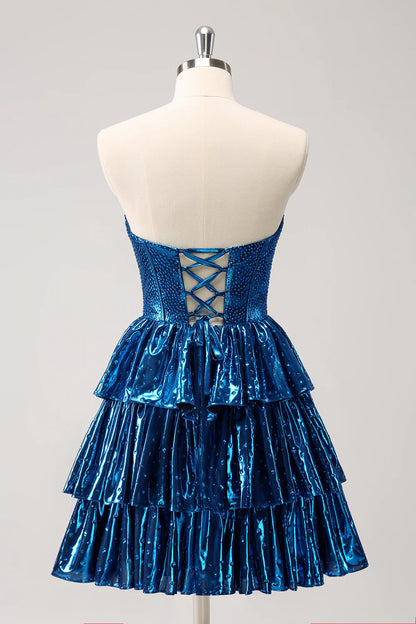 Wholesale A Line Sweetheart Homecoming Dress Sparkly Peacock Blue Corset Tiered Metallic with Lace Up Back