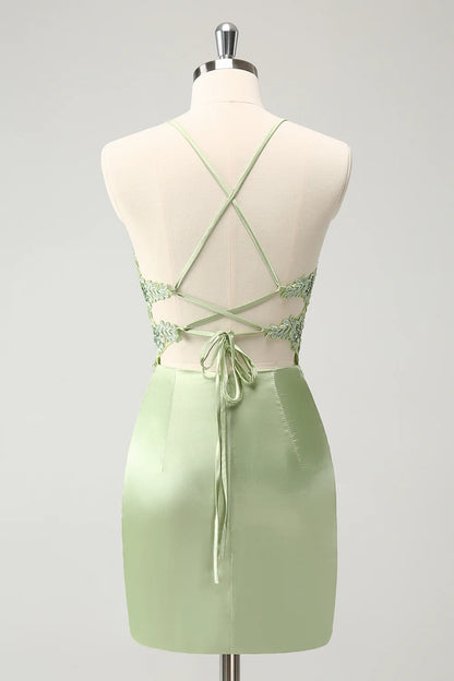 Wholesale Stylish Green Homecoming Dress Sheath Criss Cross Back Corset Short with Appliques