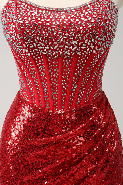 Wholesale Short Homecoming Dress Glitter Red Tight Strapless Sequin Corset Slit with Beading