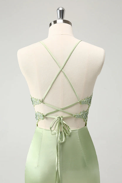 Wholesale Stylish Green Homecoming Dress Sheath Criss Cross Back Corset Short with Appliques