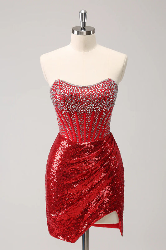 Wholesale Short Homecoming Dress Glitter Red Tight Strapless Sequin Corset Slit with Beading