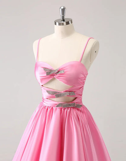 Wholesale Homecoming Dress A-Line Satin Spaghetti Straps with Beaded Bowknots