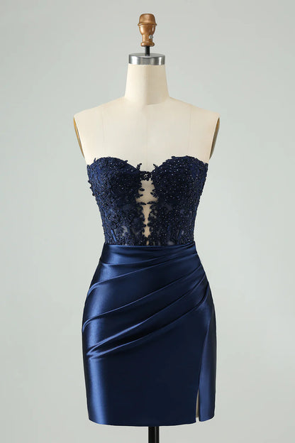 Wholesale Short Homecoming Dress Navy Bodycon Sweetheart Corset Beaded with Hollow Out Graduation Dresses