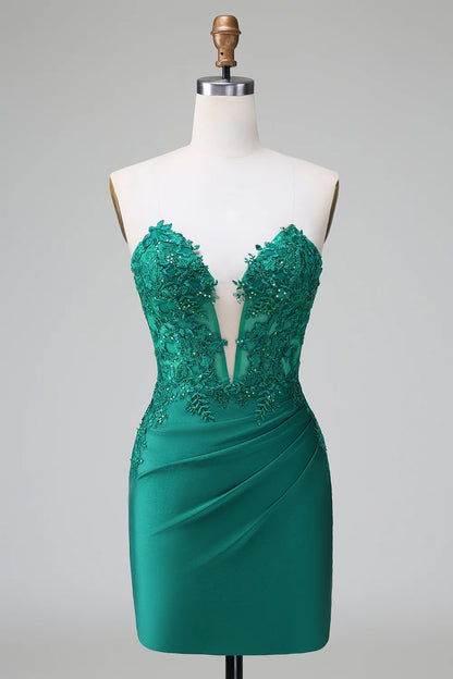 Wholesale Homecoming Dress Classy Dark Green Bodycon Strapless Pleated with Beading