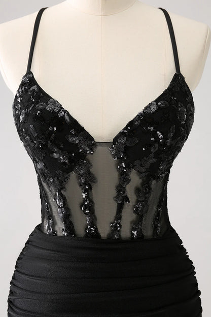 Wholesale Homecoming Dress Sparkly Unique Black Tight Spaghetti Straps Sequin with Lace Up Back