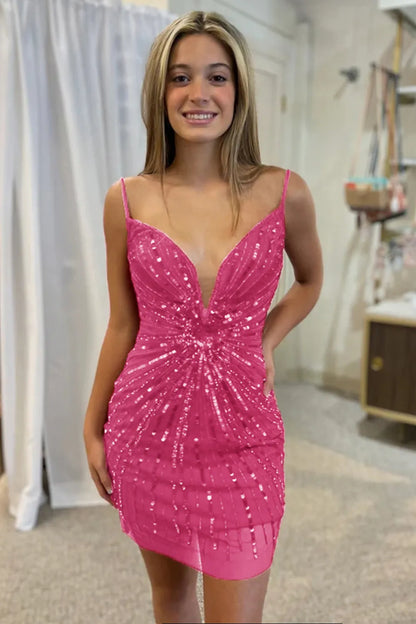 Wholesale Homecoming Dress Glitter Sequined Tight V-Neck